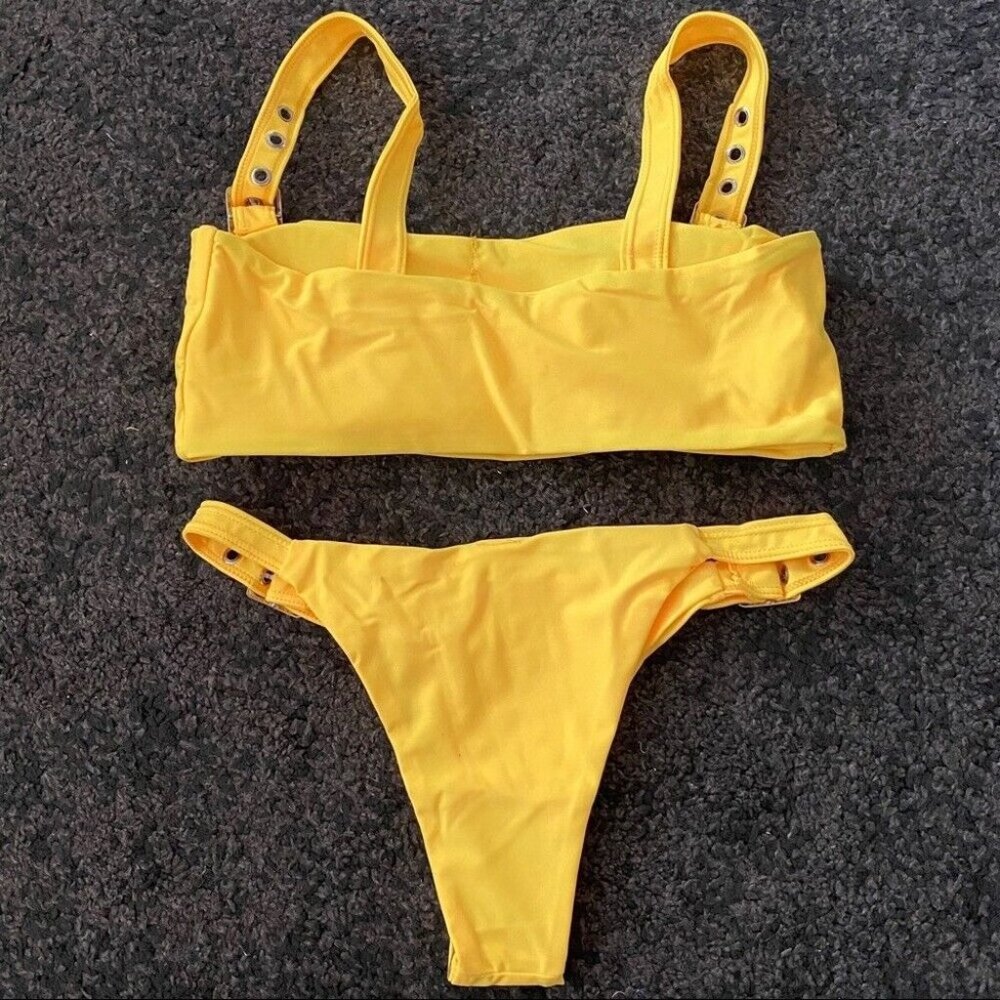 Yellow belted bikini swimsuits July sale